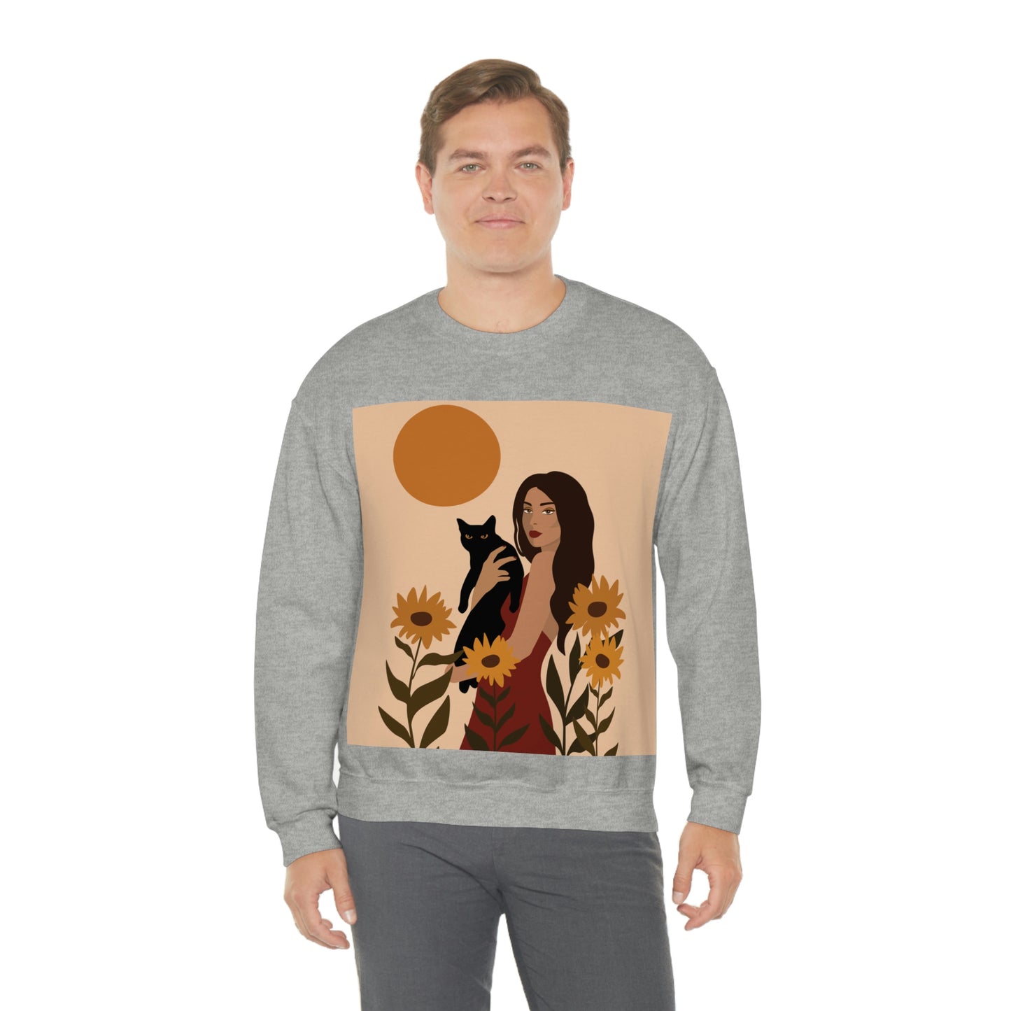 Woman with Black Cat Mininal Sunflowers Aesthetic Art Unisex Heavy Blend™ Crewneck Sweatshirt