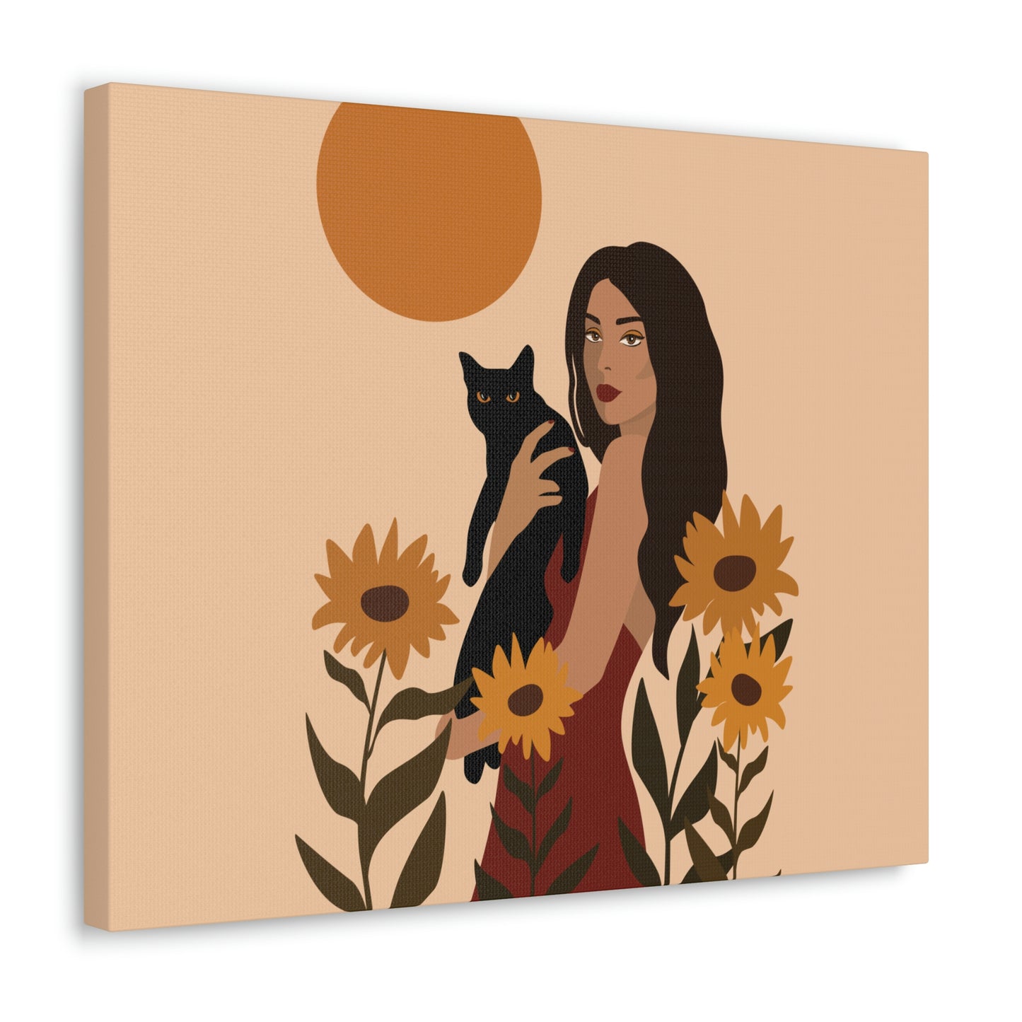 Woman with Black Cat Mininal Sunflowers Aesthetic Art Canvas Gallery Wraps