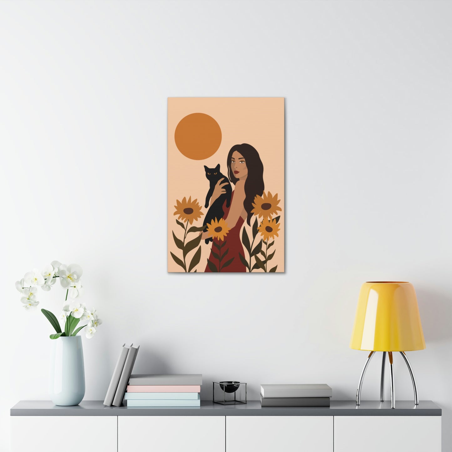 Woman with Black Cat Mininal Sunflowers Aesthetic Art Canvas Gallery Wraps