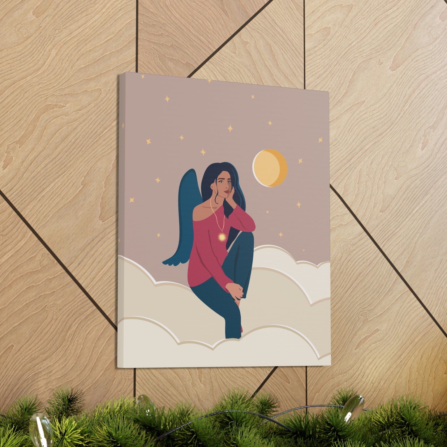 Women Angel Portrait Sitting On Clouds Cartoon Art Canvas Gallery Wraps