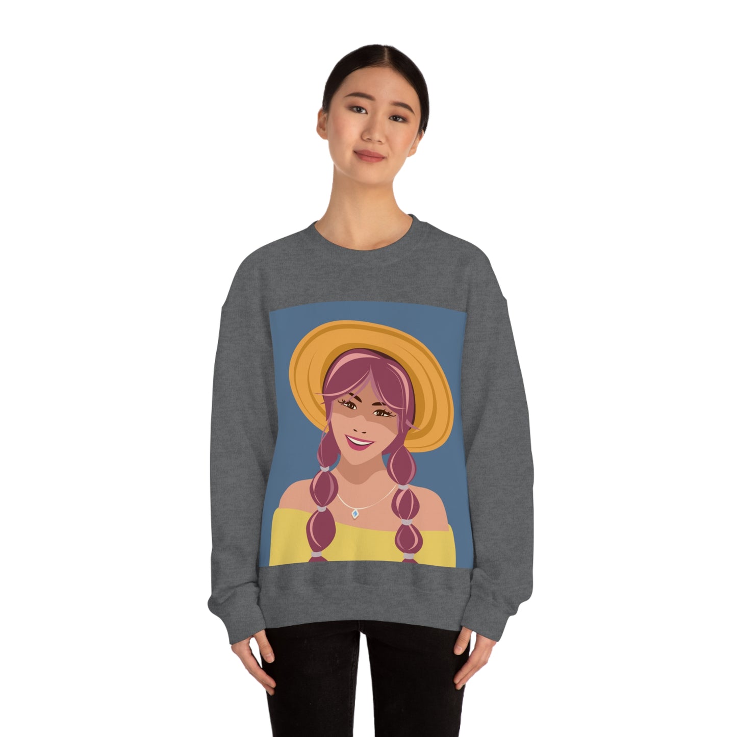 Happy Woman with Rose Hair Aesthetic Art Unisex Heavy Blend™ Crewneck Sweatshirt