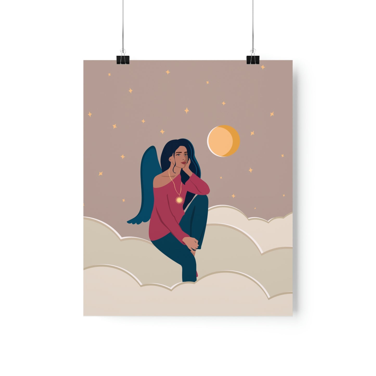 Women Angel Portrait Sitting On Clouds Cartoon Art Classic Premium Matte Vertical Posters