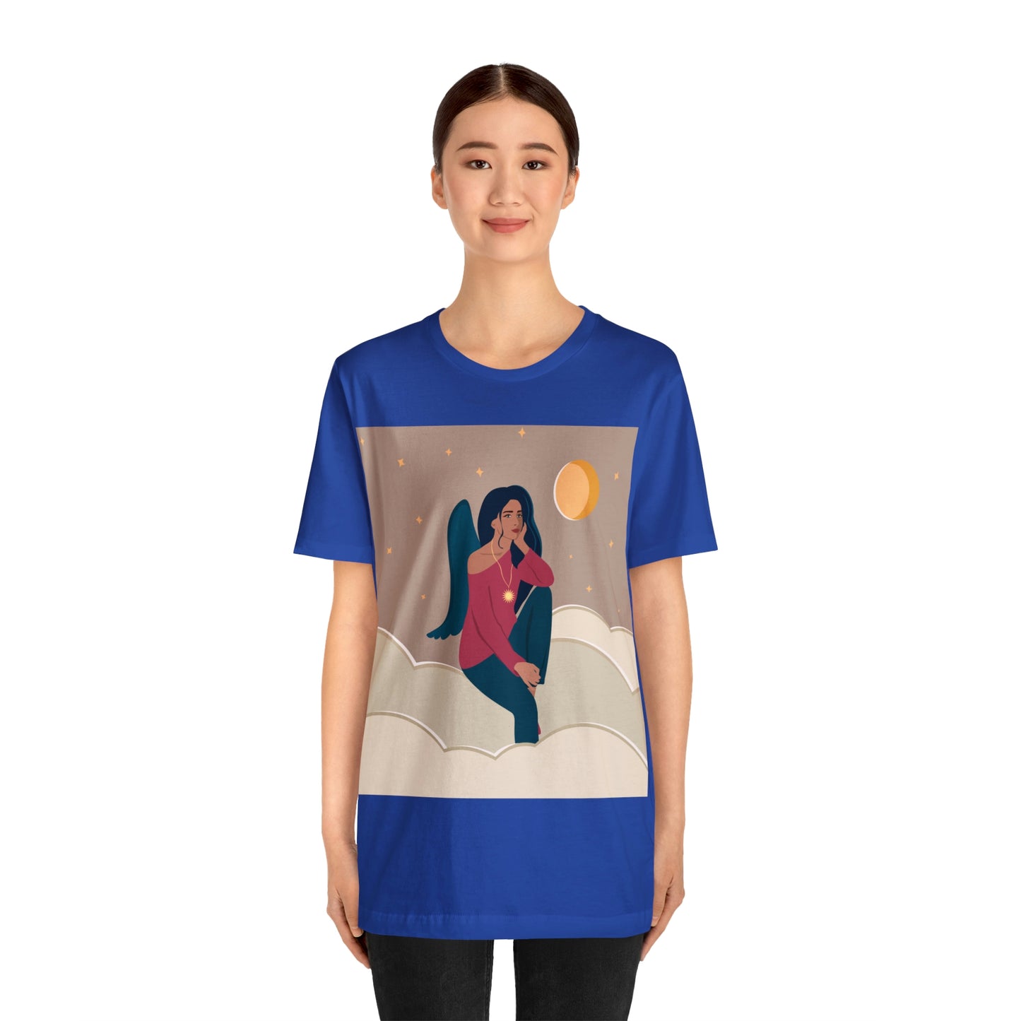 Women Angel Portrait Sitting On Clouds Cartoon Art Unisex Jersey Short Sleeve T-Shirt