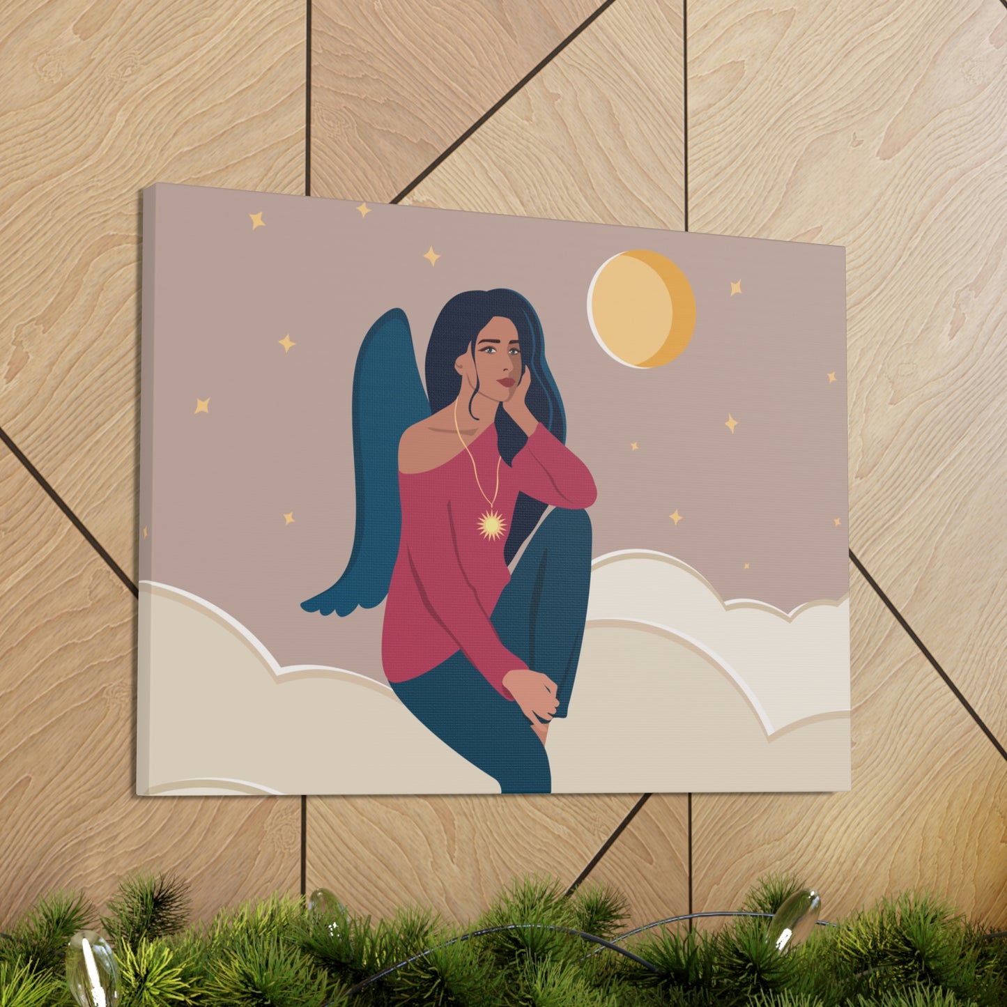 Women Angel Portrait Sitting On Clouds Cartoon Art Canvas Gallery Wraps