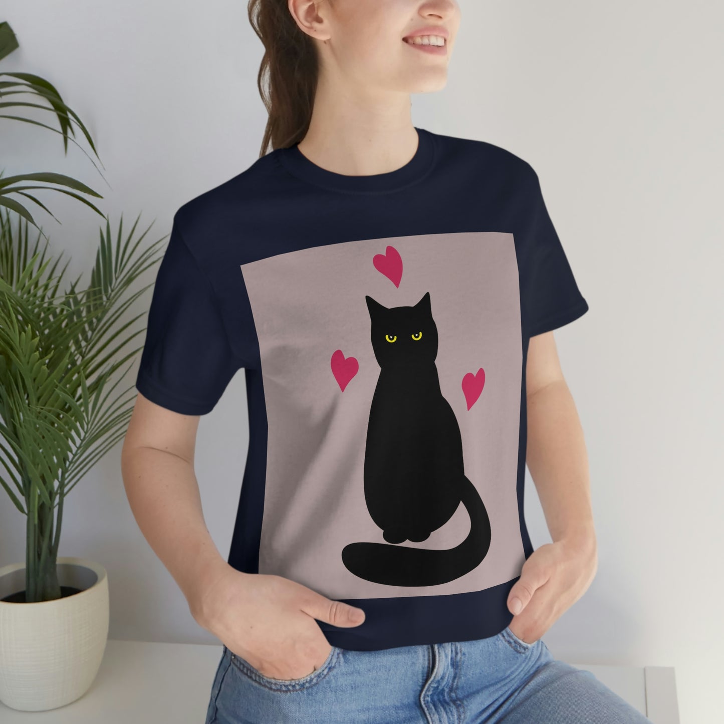 Black Cat with Heart Love Unisex Jersey Short Sleeve T-Shirt