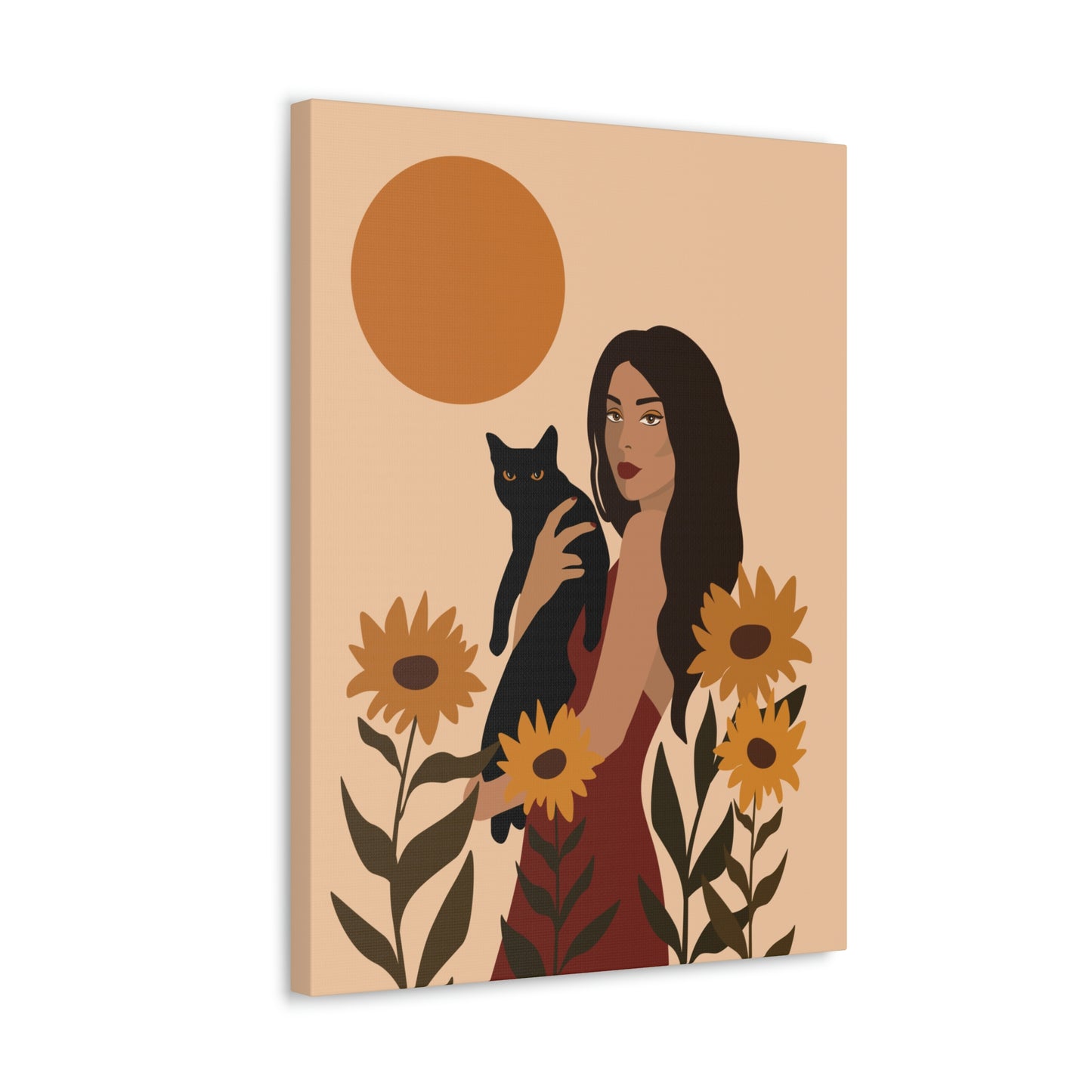 Woman with Black Cat Mininal Sunflowers Aesthetic Art Canvas Gallery Wraps