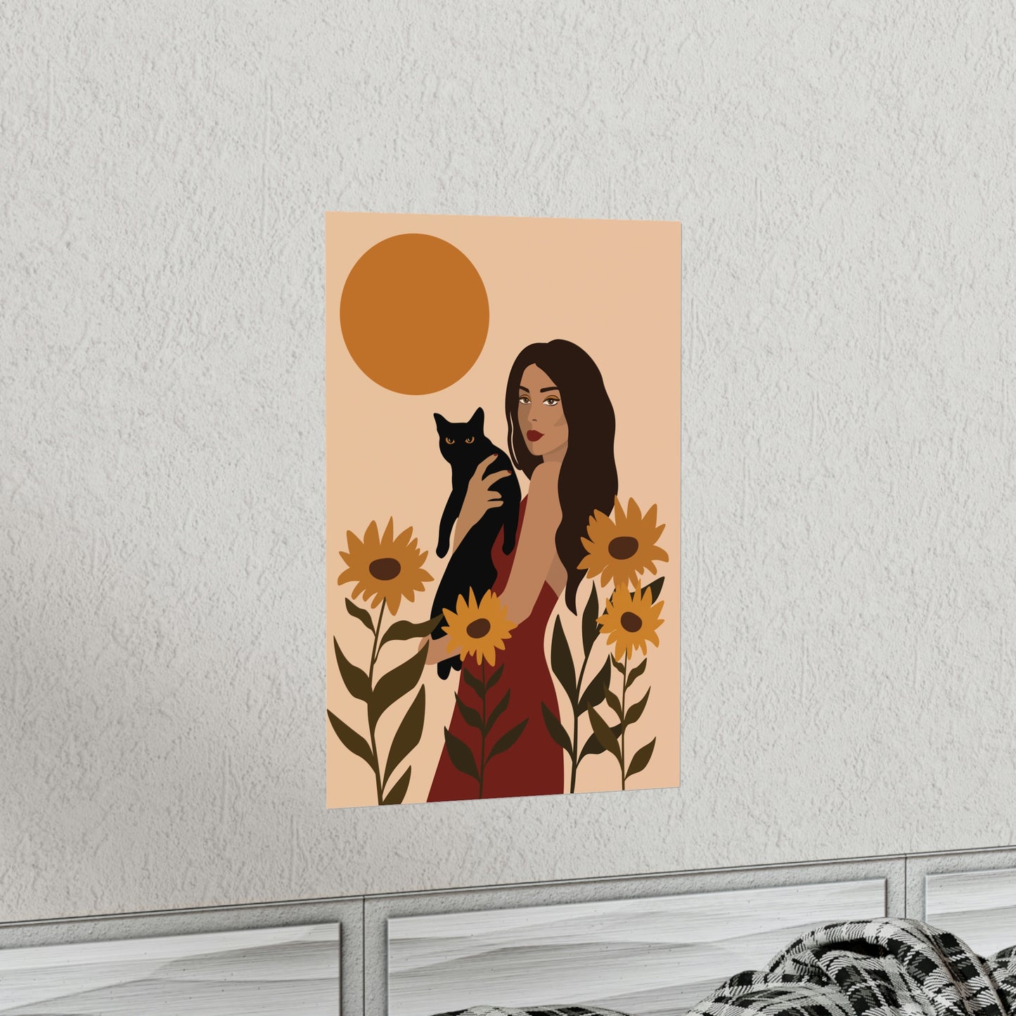 Woman with Black Cat Mininal Sunflowers Aesthetic Art Classic Premium Matte Vertical Posters